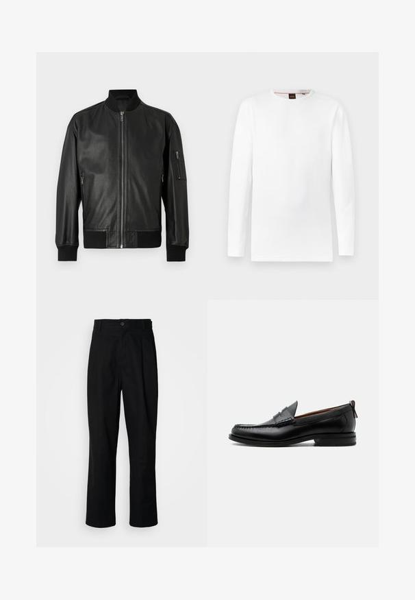 Veste aviateur en cuir noir avec fermeture éclair à l'avant, col côtelé, poignets, ourlet et poche zippée sur la manche gauche.; T-shirt blanc à manches longues en matière texturée, avec un col rond et un logo discret embossé au centre.; Pantalons noirs à jambes droites avec une taille à bouton, passants de ceinture et pli avant, présentés sur un fond blanc uni.; Mocassin homme en cuir noir avec couture moc toe, bride penny, col texturé et petit talon empilé sur fond blanc.