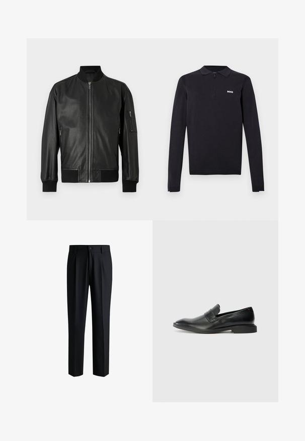Veste aviateur en cuir noir avec fermeture éclair à l'avant, col côtelé, poignets, ourlet et poche zippée sur la manche gauche.; Polo manches longues noir en tissu tricoté. Doté d'un col à fermeture éclair moitié, coupe ajustée et d'un petit logo blanc sur la poitrine.; Pantalons noirs en tissu lisse, avec une coupe droite, des plis à l'avant et une fermeture à bouton avec passants de ceinture.; Mocassins en cuir noir avec une texture lisse, un nez pointu et un petit talon rectangulaire. Présente un détail de bande horizontale sur le dessus.