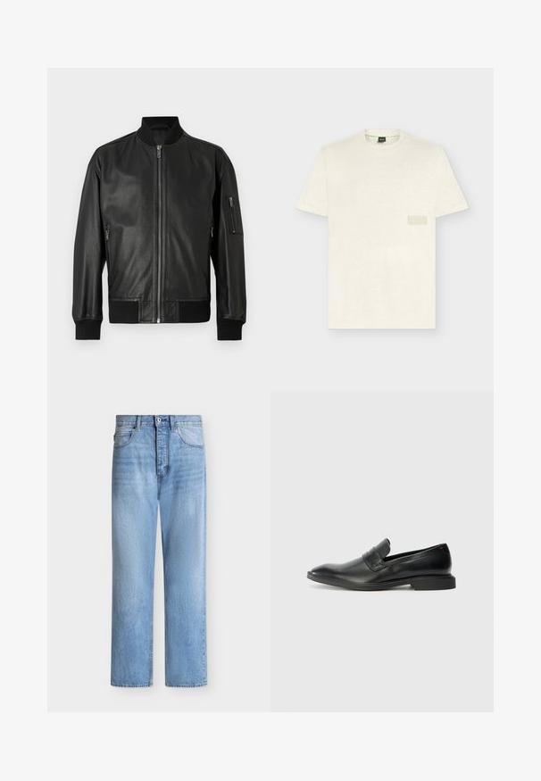 Veste aviateur en cuir noir avec fermeture éclair à l'avant, col côtelé, poignets, ourlet et poche zippée sur la manche gauche.; T-shirt blanc cassé à manches courtes avec col rond, patch rectangulaire discret sur la poitrine et étiquette de marque au niveau du cou.; Jean droit en denim bleu clair avec fermeture par bouton et zip, poches avant et arrière, et passants de ceinture à la taille.; Mocassins en cuir noir avec une texture lisse, un nez pointu et un petit talon rectangulaire. Présente un détail de bande horizontale sur le dessus.