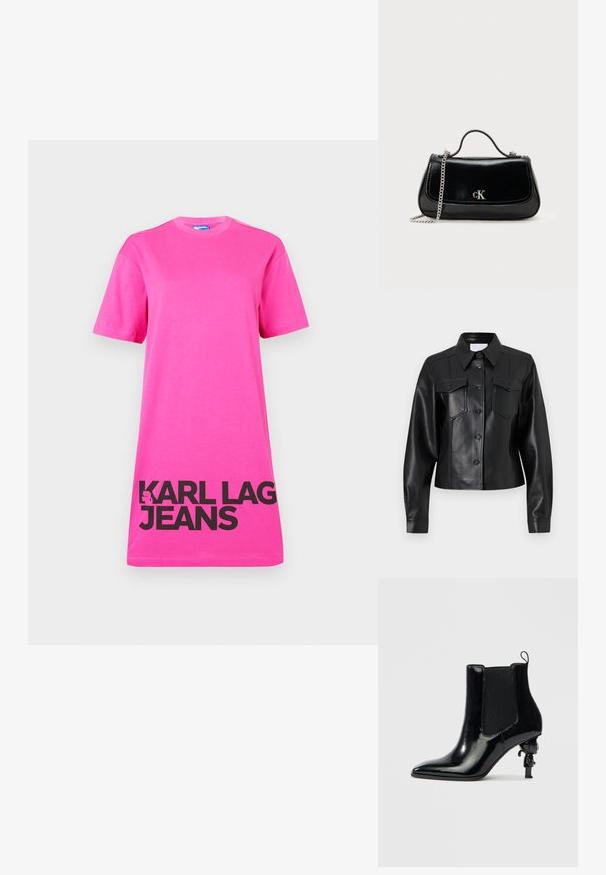 Sort læderjakke med lange ærmer, krave, to brystlommer, knaplukning og glat overflade. Har rene linjer og skræddersyet design.; Lyserød bomulds T-shirt kjole med korte ærmer og rund halsudskæring. Sort tekst "KARL LAG JEANS" nederst. Glat tekstur.; Sort ankelstøvle i laklæder med elastiske sidepaneler, spids tå og en unik skulpturel hældesign med en lille figur.; Sort læderhåndtaske med en kædestrop, struktureret form og et sølvlogo. Glat overflade med flaplukning.