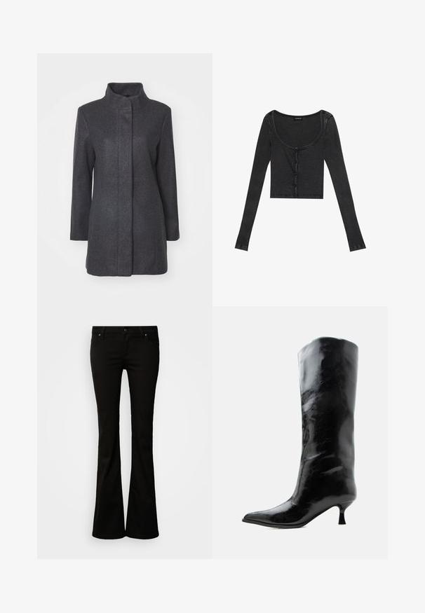 Manteau en laine gris charcoal avec un col haut, des manches longues et une coupe droite. Présente un design épuré et minimaliste sans fermetures visibles.; Haut cropped noir à manches longues, avec un décolleté en scoop, fermeture à boutons à l'avant et tissu texturé. Présente des rayures verticales subtiles.; Pantalon bootcut noir pour femmes, avec fermeture à boutons et fermeture éclair, passants pour ceinture, et poches avant et arrière, présenté sur un fond blanc.; Botte en cuir noire brillante, haute jusqu'au genou, avec bout pointu et talon bas courbé sur un fond clair uni.