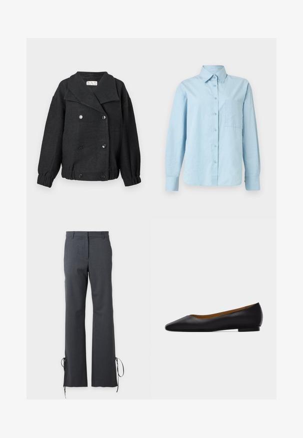 Veste en mélange de laine noire avec un design croisé, grand col et poignets élastiques. Inclut deux poches avant et des accents en boutons.; Chemise bleu clair à manches longues, boutonnée, avec col et poche poitrine, présentée sur un fond blanc uni.; Pantalon sur mesure gris foncé avec jambes droites et liens aux ourlets, équipé de passants de ceinture et d'une fermeture avant dissimulée.; Chaussure plate en cuir noir à bout pointu avec talon bas et finition lisse, vue de côté sur un fond gris clair.