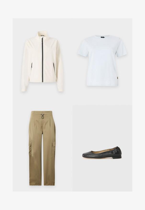 Veste légère en crème avec un col haut, fermeture éclair noire et poches latérales. Présente une texture lisse et une coupe ajustée.; T-shirt en coton bleu clair avec un col rond classique, des manches courtes et un petit logo sur la poitrine. Texture douce, coupe décontractée.; Pantalons cargo kaki avec une coupe slim, dotés d'une taille avec cordon de serrage, de deux poches latérales et d'un tissu texturé pour plus de durabilité.; Ballerines en cuir noir avec un bout arrondi et des coutures minimales. Talon bas et rectangulaire avec une texture lisse. Détails subtils de doublure intérieure.