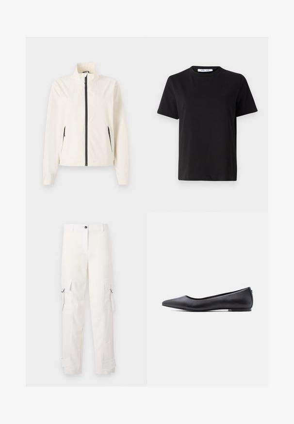 Veste légère en crème avec un col haut, fermeture éclair noire et poches latérales. Présente une texture lisse et une coupe ajustée.; T-shirt noir à manches courtes en coton doux, avec un col rond, une coupe décontractée et une texture lisse. Pas de motifs ni de graphiques visibles.; Pantalons cargo blancs en coton, avec poches latérales, passants de ceinture et ourlets retroussés. Le design comprend une coupe droite et une fermeture à bouton.; Chaussure plate en cuir noire à bout pointu avec petit talon, vue de profil sur fond blanc.
