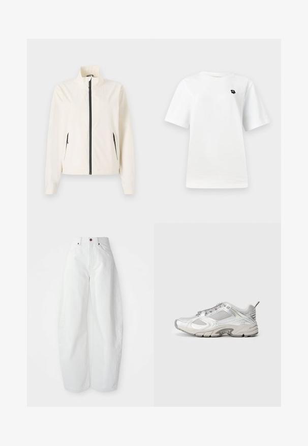 Let the cremefarvede jakke være let og have en høj krave, sort lynlås og sidelommer. Den har en glat tekstur og skræddersyet pasform.; Hvid kortærmet t-shirt med et lille sort grafisk design på venstre brystområde, sat mod en ensfarvet lys baggrund.; Højtaljede hvide denimbukser med løs pasform. Har en knaplukning, sidelommer og et minimalistisk design. Glat tekstur.; Løbesko i hvidt mesh med metalliske accenter, teksturerede overlay og en tyk sål. Udstyret med snørebånd foran og en trækflap bagpå.