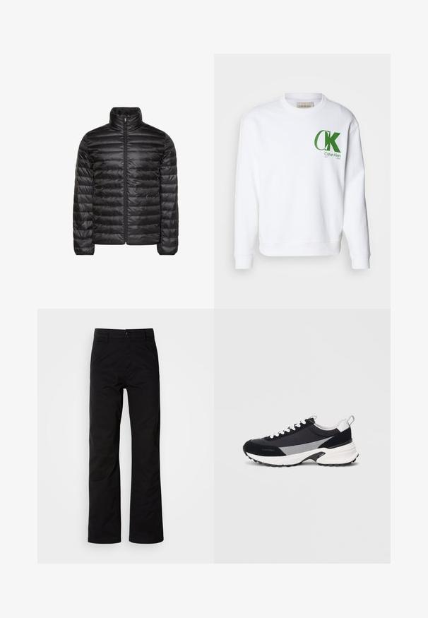 Schwarze gesteppte Jacke mit hohem Kragen, durchgehendem Frontreißverschluss und horizontalem Steppmuster. Glatter, glänzender Stoff mit elastischen Bündchen.; Weißer Sweatshirt aus Baumwolle, mit grünem "CK"-Logo und Text auf der linken Brust, mit gerippten Bündchen und Saum.; Schwarze Baumwollhosen mit geradem Bein, ausgestattet mit einem Knopfverschluss und Gürtelschlaufen. Glatte Textur und minimalistischer Stil ohne sichtbare Muster.; Schwarzer und grauer Sportschuh mit einem Obermaterial aus verschiedenen Materialien, weißen Schnürsenkeln und Sohle, runder Form und strukturierten Akzenten an der Ferse.