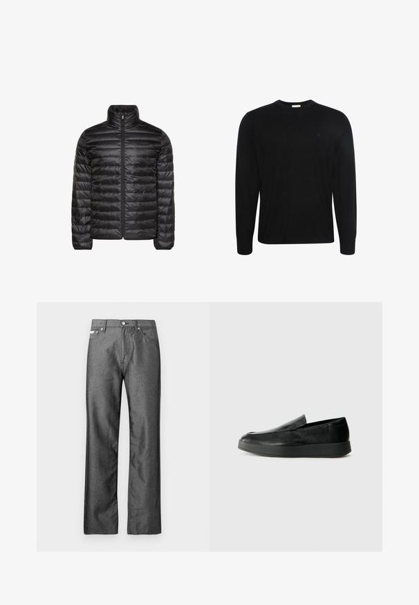 Schwarze gesteppte Jacke mit hohem Kragen, durchgehendem Frontreißverschluss und horizontalem Steppmuster. Glatter, glänzender Stoff mit elastischen Bündchen.; Schwarzer Pullover mit langen Ärmeln und Rundhalsausschnitt, aus dezent strukturiertem Stoff mit kleinem gesticktem Logo auf der linken Brust.; Graue Jeans aus Denim mit geradem Bein, fünf Taschen und Metallknöpfen sowie Nieten. Verfügt über eine dezente Textur.; Calvin Klein HYBRID CUP - Slipper - triple black