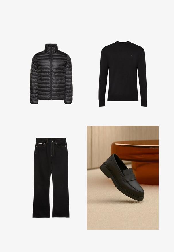 Chaqueta acolchada negra con cuello alto, cremallera completa en el frente y patrón acolchado horizontal. Tejido liso y brillante con puños elásticos.; Jersey negro de manga larga con cuello redondo, pequeño logo sutil en la parte superior izquierda del pecho y puños y bajo acanalados.; Vaqueros negros de pierna recta con costuras naranjas, cinco bolsillos, cierre de botón y una pequeña etiqueta Calvin Klein en el bolsillo delantero derecho.; Mocasín de cuero negro con suela gruesa flotando sobre una alfombra beige, con una mesa redonda marrón de fondo.