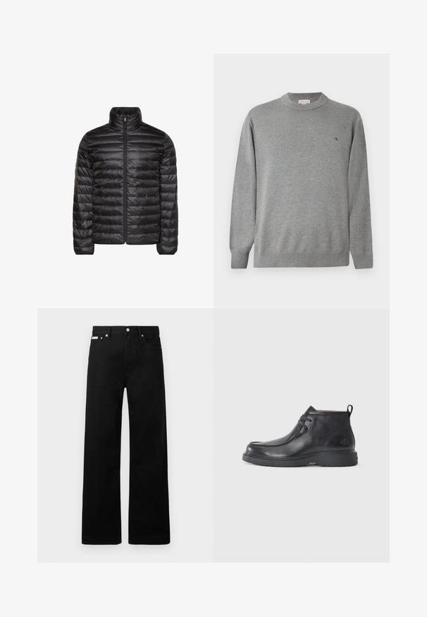 Chaqueta acolchada negra con cuello alto, cremallera completa en el frente y patrón acolchado horizontal. Tejido liso y brillante con puños elásticos.; Suéter de cuello redondo gris claro hecho de tejido de punto. Presenta puños y dobladillo acanalados, con un pequeño logo negro en el lado izquierdo del pecho.; Pantalones de mezclilla negros con un diseño de pierna ancha, que cuentan con cinco bolsillos y herrajes de botón metálico. Textura suave, sin patrones visibles.; Botas de cuero negras hasta el tobillo con punta redondeada, diseño con cordones y una lengüeta en la parte trasera. Parte superior texturizada y suela de goma.