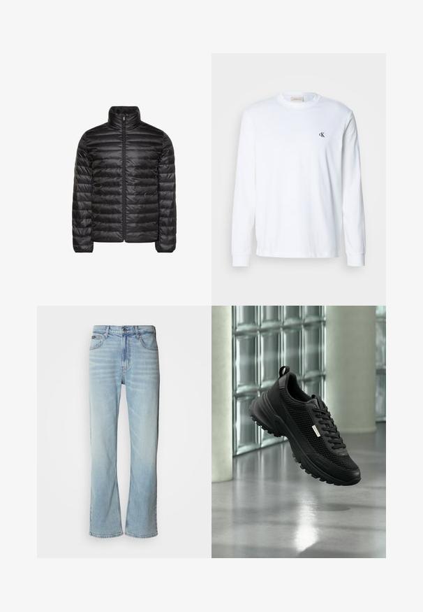 Zwarte gewatteerde jas met een hoge kraag, een volledige ritssluiting aan de voorkant en een horizontaal doorgestikt patroon. Gladde, glanzende stof met elastische manchetten.; Witte katoenen blouse met lange mouwen, ronde hals en klein zwart "cK"-logo op de linkerborst.; Lichtblauwe denim jeans met een rechte pijp, voorzien van vijf zakken, een knoopsluiting en subtiele vervaging op de stof.; Zwarte sportieve sneaker met mesh zijkanten en dikke zool, die binnen zweeft nabij glasblokken en zuilen op een gladde vloer.