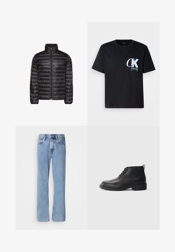 Zwarte gewatteerde jas met een hoge kraag, een volledige ritssluiting aan de voorkant en een horizontaal doorgestikt patroon. Gladde, glanzende stof met elastische manchetten.; Zwarte katoenen t-shirt met korte mouwen, ronde hals, met een witte "CK"-logo op de linkerborst. Gladde textuur, rechte zoom.; Lichtblauwe denim jeans met een recht ontwerp, vijf zakken en een knoopsluiting. Stikdetails nabij de zakken en de tailleband.; Zwarte leren laarzen met een gestructureerde afwerking, ronde neus, vetersluiting aan de voorkant en een stevige rubberen zool. Voorzien van een klein aantreklipje aan de achterkant.