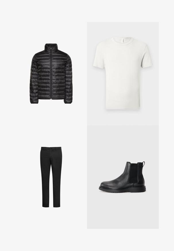 Schwarze gesteppte Jacke mit hohem Kragen, durchgehendem Frontreißverschluss und horizontalem Steppmuster. Glatter, glänzender Stoff mit elastischen Bündchen.; Einfaches weißes T-Shirt mit kurzen Ärmeln und Rundhalsausschnitt, flach auf einem hellgrauen Hintergrund ausgebreitet, mit einem kleinen Stoffetikett am Kragen.; Schwarze Hose aus einem Baumwollmischgewebe, mit schmalem Schnitt, flacher Vorderseite und Knopfverschluss. Keine sichtbaren Muster oder Akzente.; Schwarze Leder-Chelsea-Boots mit strukturiertem Finish, elastischen seitlichen Einsätzen und einer robusten Gummisohle. Dezentes Branding an der Ferse.