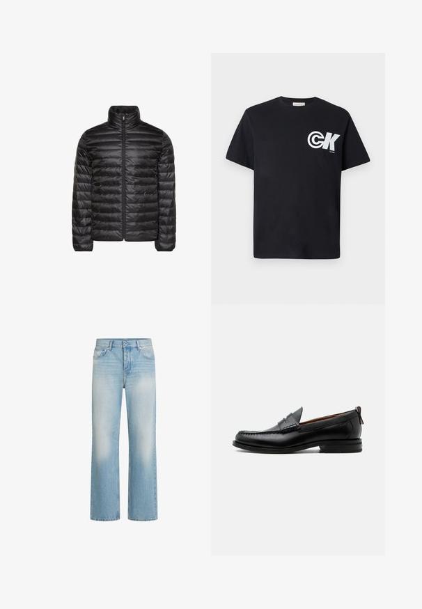Zwarte gewatteerde jas met een hoge kraag, een volledige ritssluiting aan de voorkant en een horizontaal doorgestikt patroon. Gladde, glanzende stof met elastische manchetten.; Zwarte katoenen T-shirt met korte mouwen, voorzien van een groot wit logo op de linker borst en een ronde crewneck.; Lichtblauwe denim jeans met een recht model, vervagingsdetails, vijf-zakkenstijl, knoopsluiting en riemlussen in de taille.; Zwarte leren herensloffen met moc toe stiksel, pennyriem, gestructureerde kraag en lage gestapelde hak op witte achtergrond.