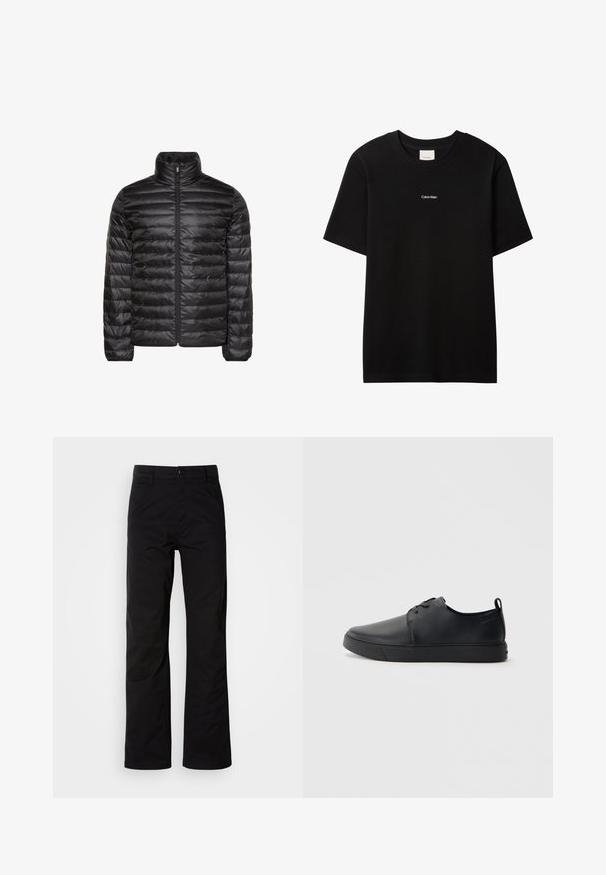 Schwarze gesteppte Jacke mit hohem Kragen, durchgehendem Frontreißverschluss und horizontalem Steppmuster. Glatter, glänzender Stoff mit elastischen Bündchen.; Schwarzes Baumwoll-T-Shirt mit Rundhalsausschnitt und kurzen Ärmeln. Auf der Vorderseite befindet sich ein kleines weißes "Calvin Klein"-Logo. Glatte, klassische Passform.; Schwarze Baumwollhosen mit geradem Bein, ausgestattet mit einem Knopfverschluss und Gürtelschlaufen. Glatte Textur und minimalistischer Stil ohne sichtbare Muster.; Schwarze Leder-Sneaker mit glatter Oberfläche, abgerundeter Zehenpartie, gleichfarbiger Nähte, schnürbarem Vorderteil und flacher Gummisohle. Schlaufe an der Ferse.
