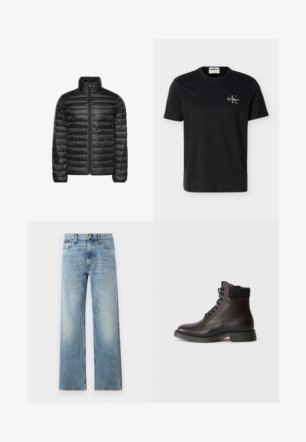 Schwarze gesteppte Jacke mit hohem Kragen, durchgehendem Frontreißverschluss und horizontalem Steppmuster. Glatter, glänzender Stoff mit elastischen Bündchen.; Schwarzes T-Shirt mit kurzen Ärmeln und Rundhalsausschnitt, mit kleinem grauem Calvin Klein "CK"-Logo und weißem Text auf der linken Brust.; Hellblaue Jeans mit geradem Bein, hohem Bund, fünf Taschen, Knopfverschluss und dezentem Verblassen an Oberschenkeln und Knien.; Dunkelbrauner Lederknöchelstiefel mit schwarzem gepolstertem Kragen, schwarzen Schnürsenkeln und dicker schwarzer Sohle mit strukturiertem Profil.