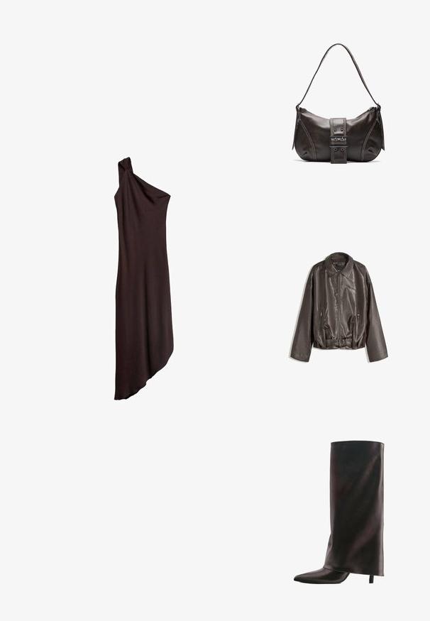 Brun læderjakke med en glat tekstur, oversized pasform, krave, lynlåslommer og en bæltestrop i taljen for ekstra detaljer.; Brun, enskulderkjole lavet af glat stof, med en asymmetrisk kant, der falder under knæet. Subtile draperingsdetaljer ved skulderen.; Høj sort læderstøvle med spids tå og slank mellemhøj hæl på hvid baggrund.; Brun læder skuldertaske med en buet form, der har et fremtrædende spænde, kontrasterende syninger og en enkelt skulderrem.