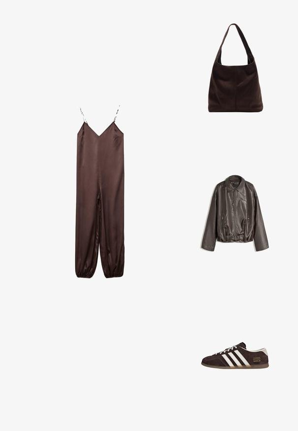 Brun læderjakke med en glat tekstur, oversized pasform, krave, lynlåslommer og en bæltestrop i taljen for ekstra detaljer.; Brun satin jumpsuit med tynde mønstrede stropper, V-udskæring og elastiske manchetter ved anklerne.; Brune ruskindssneakers med tre hvide striber, gummisål og tekstlabel med ordene "Gazelle" i guld. Snørebåndsdesign med grå snørebånd.; Brun ruskind skuldertaske med et bredt, fladt håndtag. Blød, ustruktureret design med en central søm. Ingen synlig hardware eller udsmykninger.