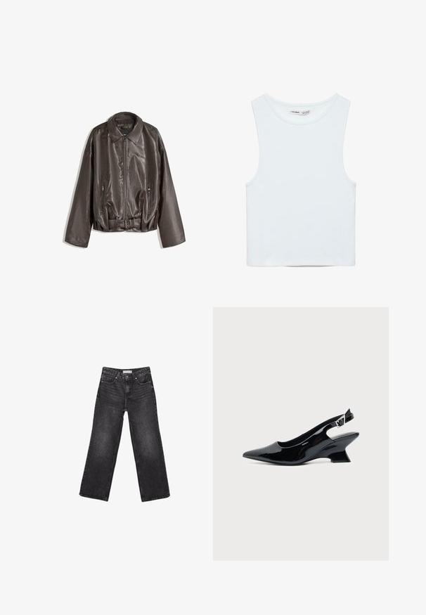 Brun læderjakke med en glat tekstur, oversized pasform, krave, lynlåslommer og en bæltestrop i taljen for ekstra detaljer.; Hvid ærmeløs crop top med rund halsudskæring, lavet af glat stof, mærket Pull&Bear, egnet til afslappet brug.; Sorte denimjeans med brede ben, for- og baglommer, knaplukning og bæltestropper, lagt fladt på en hvid baggrund.; Sort laklæder slingback sko med spids tå og lav vinklet blokhæl på ensartet lys baggrund.
