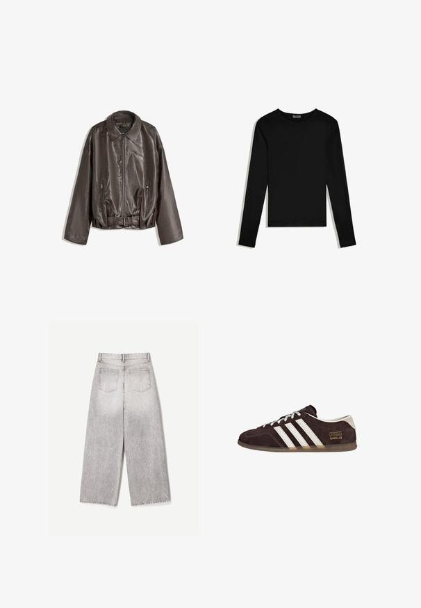 Brun læderjakke med en glat tekstur, oversized pasform, krave, lynlåslommer og en bæltestrop i taljen for ekstra detaljer.; Sort langærmet crew neck-shirt, ensfarvet design, lagt fladt på en hvid baggrund.; Lysegrå viddebukser med høj talje og to baglommer, vist bagfra på en ensartet hvid baggrund.; Brune ruskindssneakers med tre hvide striber, gummisål og tekstlabel med ordene "Gazelle" i guld. Snørebåndsdesign med grå snørebånd.