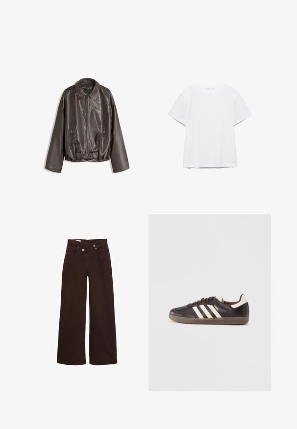 Bruine leren jas met een gladde textuur, oversized pasvorm, kraag, ritszakken en een ceintuur voor extra detail.; Effen wit T-shirt met korte mouwen en ronde hals, met een rechte zoom, gepresenteerd tegen een witte achtergrond.; Bruine wijde jeans met hoge taille, rits aan de voorkant en knoopsluiting, met voor- en achterzakken.; Donkerbruine leren sneakers met een wit drie-strepen ontwerp, een rubberen zool en "Samba" in gouden letters aan de zijkant. Klassieke lage schoenvorm.