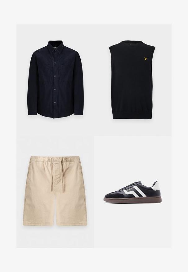 Camisa azul marino de botones, confeccionada en una tela suave, con cuello extendido, dos bolsillos frontales y un corte ligeramente ajustado con una textura suave.; Chaleco negro de punto sin mangas con cuello redondo y dobladillo acanalados, con un pequeño logo bordado de un pájaro amarillo en el pecho izquierdo.; Pantalones cortos beige hasta la rodilla con cintura elástica y cordón, bolsillos delanteros y un ajuste cómodo sobre un fondo blanco liso.; Zapatillas negras con material de ante y sintético, rayas diagonales blancas y suela marrón texturizada. Presentan un diseño con cordones y cuello acolchado.