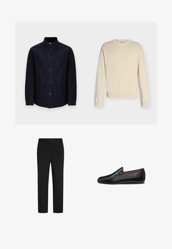 Camisa azul marino de botones, confeccionada en una tela suave, con cuello extendido, dos bolsillos frontales y un corte ligeramente ajustado con una textura suave.; Jersey de manga larga color crema con cuello redondo, puños y bajo acanalados, exhibido sobre un fondo liso gris claro.; Pantalones rectos negros con cierre de botón y cremallera, pasadores para cinturón y sin bolsillos visibles.; Mocasín de cuero negro sin cordones con un diseño elegante y minimalista y punta redondeada, mostrado de perfil sobre un fondo blanco.