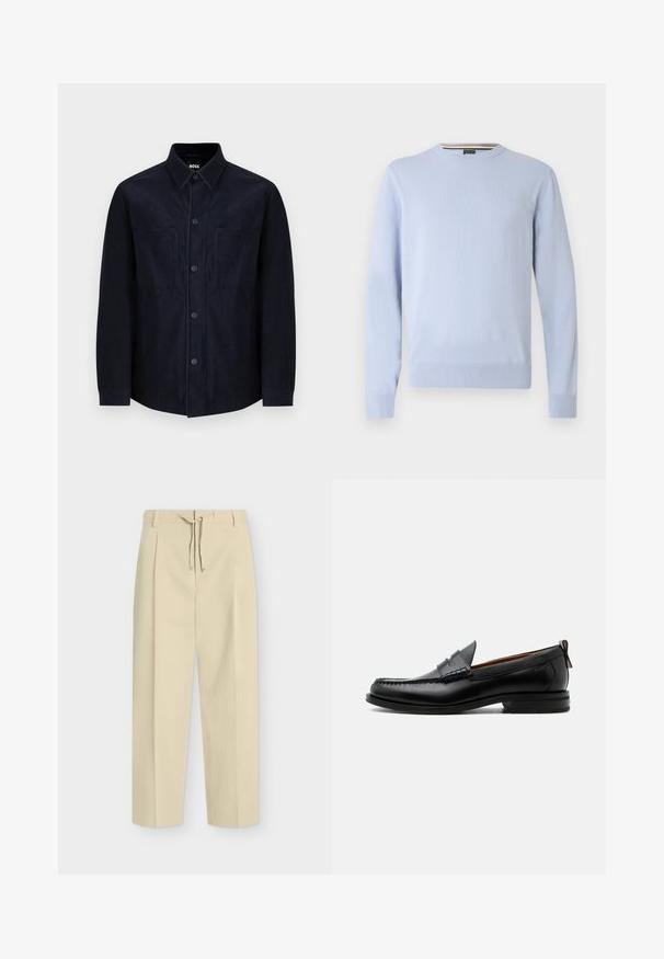 Marineblauw knoopshirt van zachte stof, met een spread collar, twee voorzakken en een licht getailleerde pasvorm met een soepele textuur.; Lichtblauwe trui, ronde hals, lange mouwen, geribbelde manchetten en zoom, met een klein logo op de borst, gemaakt van zachte gebreide stof.; Beige broek met rechte pijpen, riemlussen en een strik aan de voorkant, met een strak, op maat gemaakt ontwerp en gestructureerde stof.; Zwarte leren herensloffen met moc toe stiksel, pennyriem, gestructureerde kraag en lage gestapelde hak op witte achtergrond.