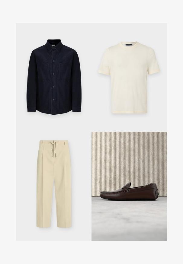 Marineblå skjorte med knapper, lavet af blødt stof, med spread krave, to forlommer og en let tætsiddende pasform med en glat overflade.; Flødefarvet t-shirt med korte ærmer og rund hals, ensfarvet design, vist på en flad lys grå baggrund.; Beige bukser med lige ben, bæltestropper og bindebånd foran, med et rent, skræddersyet design og tekstureret stof.; Brune lædersandaler med en glat overflade, mokkasin-lignende syninger, hævet tå og en lav, fleksibel gummisål.