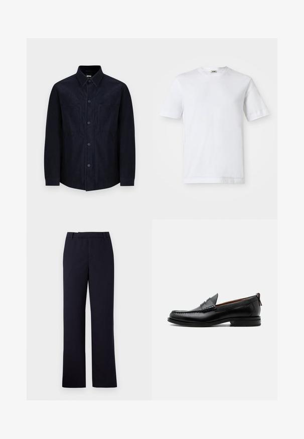 Marineblauw knoopshirt van zachte stof, met een spread collar, twee voorzakken en een licht getailleerde pasvorm met een soepele textuur.; Witte katoenen t-shirt met korte mouwen, ronde hals en een soepele textuur. Geen patronen of accenten zichtbaar.; Libertine-Libertine DECADE TAILORED - Broek - navy; Zwarte leren herensloffen met moc toe stiksel, pennyriem, gestructureerde kraag en lage gestapelde hak op witte achtergrond.