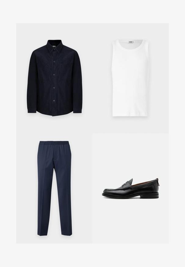 Camisa azul marino de botones, confeccionada en una tela suave, con cuello extendido, dos bolsillos frontales y un corte ligeramente ajustado con una textura suave.; Camiseta sin mangas de algodón blanco con cuello redondo y una textura suave. Diseño sencillo, sin patrones ni acentos.; Pantalones azul marino con cinturilla elástica, diseño de pierna recta, textura suave y sin patrones visibles ni detalles de herrajes.; Mocasín de hombre de piel negra con costura moc toe, tira penny, cuello texturizado y tacón bajo apilado sobre fondo blanco.