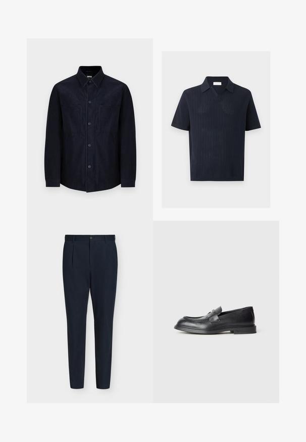 Marineblauw knoopshirt van zachte stof, met een spread collar, twee voorzakken en een licht getailleerde pasvorm met een soepele textuur.; Marineblauw gebreid poloshirt met korte mouwen, een gestructureerd verticaal ribbelpatroon en een ontspannen kraag, getoond op een effen achtergrond.; Marineblauwe, op maat gemaakte slim-fit broek met voorplooien, knoopsluiting, riemlussen en taps toelopende pijpen op een witte achtergrond.; Zwarte leren loafers met een gestructureerde afwerking, voorzien van een decoratieve voorstrik en een afgeronde neus. Rubberzool voor duurzaamheid.