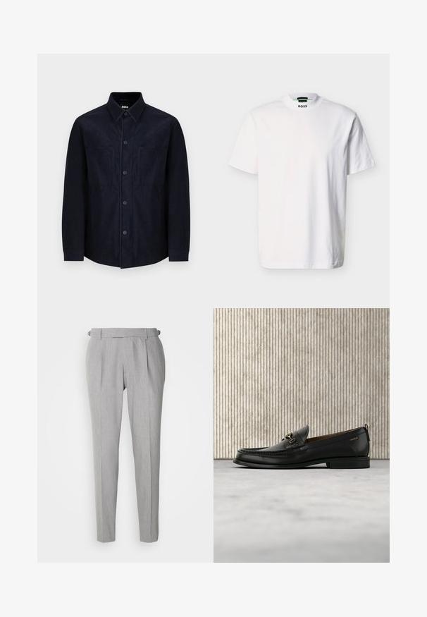 Marineblaues Hemd mit Knöpfen, aus weichem Stoff gefertigt, mit einem klassischen Kragen, zwei aufgesetzten Taschen und einer leicht taillierten Passform mit glatter Textur.; Weißes Kurzarm-T-Shirt aus Baumwolle mit rundem Ausschnitt und gedrucktem Markenlogo am Kragen. Glatte Textur, schlichtes Design.; BOSS PEPE - Stoffhose - silver; Schwarzer Lederloafer mit goldfarbenem Metallbit und "HUGO"-Markenlogo, präsentiert vor einem beigen Teppich und braunen durchsichtigen Möbelstücken.