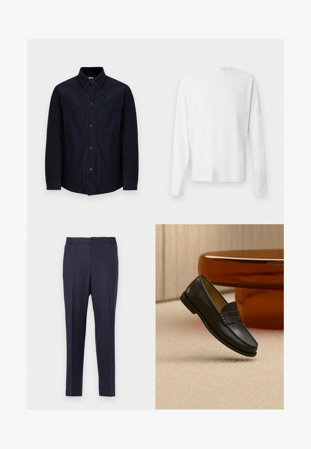 Chemise button-up navy en tissu doux, avec un col étalé, deux poches avant et une coupe légèrement cintrée avec une texture lisse.; Chemise en coton blanc à manches longues avec un col rond, fentes latérales en bas et une texture lisse, présentée de dos.; Pantalon bleu marine à devant plat, taille élastique et fermeture à bouton. Coupe droite et texture lisse, adapté pour une tenue formelle ou décontractée.; Chaussure mocassin en cuir noir suspendue au-dessus d’un tapis beige avec du mobilier moderne couleur ambre en arrière-plan.