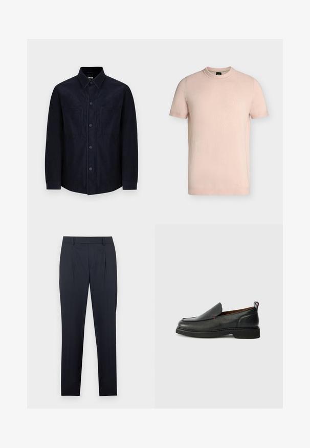 Marineblå skjorte med knapper, lavet af blødt stof, med spread krave, to forlommer og en let tætsiddende pasform med en glat overflade.; Lyserød T-shirt med korte ærmer og rund halsudskæring med broderet "BOSS" logo på venstre bryst.; Mørkeblå bukser med skræddersyet design, forsideplisser, bæltestropper og lige ben silhuet. Glat tekstur og klassisk snit.; Sorte læder slip-on sko med rund tå, struktureret overdel, kontrasterende rød syning og lav hæl. Funktioner en løkke pull tab.