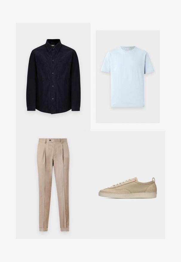 Marineblaues Hemd mit Knöpfen, aus weichem Stoff gefertigt, mit einem klassischen Kragen, zwei aufgesetzten Taschen und einer leicht taillierten Passform mit glatter Textur.; Hellblaues Baumwoll-T-Shirt mit kurzen Ärmeln und Rundhalsausschnitt sowie geradem Saum, auf hellem einfarbigem Hintergrund dargestellt.; Beige, plissierte Hose in schlanker Passform mit einem Einzelknopfverschluss, Gürtelschlaufen und umgeschlagenen Säumen für einen maßgeschneiderten Look.; Beiger Sneaker mit niedriger Schafthöhe, Obermaterial aus Stoff und Wildleder, weißen Schnürsenkeln, Gummisohle und Fersenlasche, seitlich auf weißem Hintergrund dargestellt.