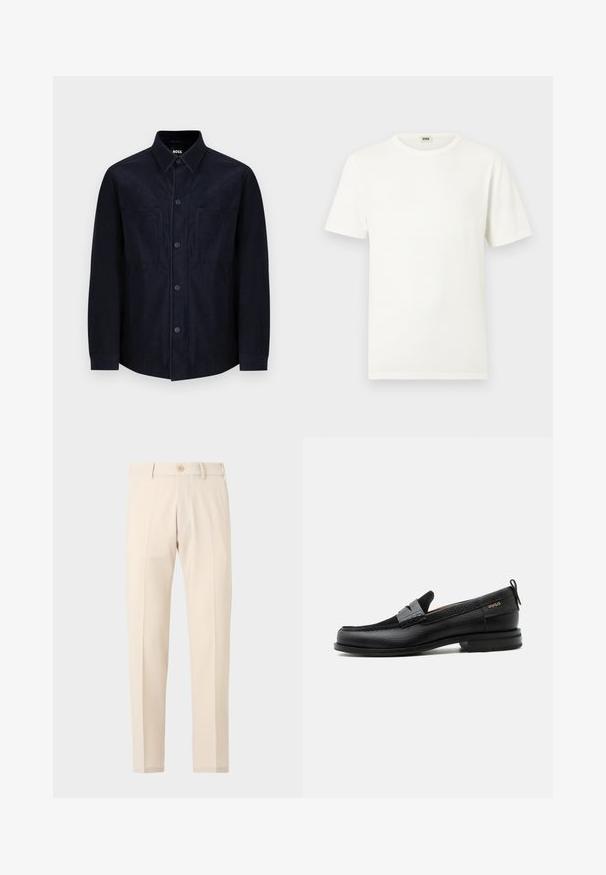 Marineblaues Hemd mit Knöpfen, aus weichem Stoff gefertigt, mit einem klassischen Kragen, zwei aufgesetzten Taschen und einer leicht taillierten Passform mit glatter Textur.; Weißes Baumwoll-T-Shirt mit kurzen Ärmeln, einem runden Ausschnitt und einem geraden Saum. Keine Muster oder Grafiken. Einfaches, klassisches Design.; Beige maßgeschneiderte Hose mit Knopfverschluss, Gürtelschlaufen und vorderen Bügelfalten, präsentiert auf einem einfarbigen hellen Hintergrund.; Schwarzer Lederloafer mit grauem Riemendetail, niedrigem Absatz und strukturierter Sohle, seitlich mit „HUGO“ in Gold gebrandmarkt.