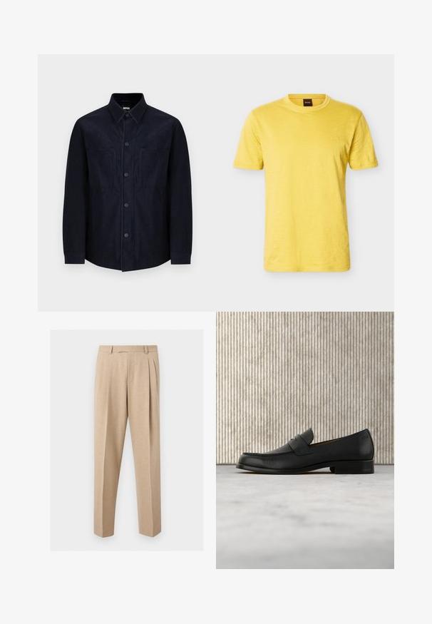 Camisa azul marino de botones, confeccionada en una tela suave, con cuello extendido, dos bolsillos frontales y un corte ligeramente ajustado con una textura suave.; Camiseta amarilla de manga corta con cuello redondo y un logo sutil de BOSS en el pecho izquierdo, junto con una etiqueta negra en el cuello.; Pantalones beige a medida con pinzas delanteras, trabillas para el cinturón y perneras rectas, mostrados sobre un fondo claro y liso.; Zapato mocasín de cuero negro flotando sobre una alfombra beige con una mesa redonda marrón brillante al fondo.