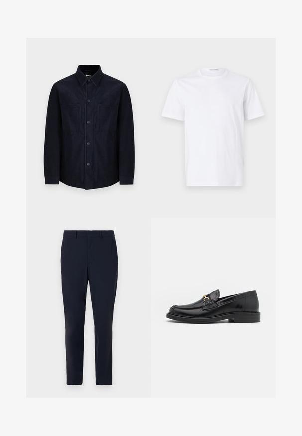 Marineblå skjorte med knapper, lavet af blødt stof, med spread krave, to forlommer og en let tætsiddende pasform med en glat overflade.; Hvid bomulds t-shirt med rund halsudskæring og korte ærmer. Glat tekstur, lige snit og minimalistisk design uden mønstre eller accenter.; Mørkeblå skræddersyede bukser lavet af vævet stof, med flad front, bælteslynge og en slim fit-design samt sidelommer.; Sorte læder loafers med en rund tå, der har guld hardware accent og syningsdetaljer, placeret på en lav, tekstureret gummisål.