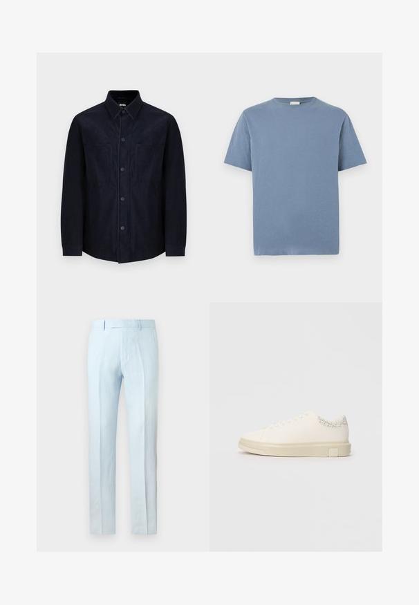Marineblaues Hemd mit Knöpfen, aus weichem Stoff gefertigt, mit einem klassischen Kragen, zwei aufgesetzten Taschen und einer leicht taillierten Passform mit glatter Textur.; Hellblaues T-Shirt mit kurzen Ärmeln aus weicher Baumwolle. Verfügt über einen Rundhalsausschnitt und eine lockere Passform. Keine Muster oder auffälligen Akzente.; Hellblaue, maßgeschneiderte Herrenhose mit Gürtelschlaufen und Bügelfalte auf einfarbigem Hintergrund.; Weißer Sneaker mit einem glatten Obermaterial aus Canvas, flachen Schnürsenkeln, gepolstertem Kragen und einem strukturierten grauen Akzent an der Rückseite. Chunkige Gummisohle.
