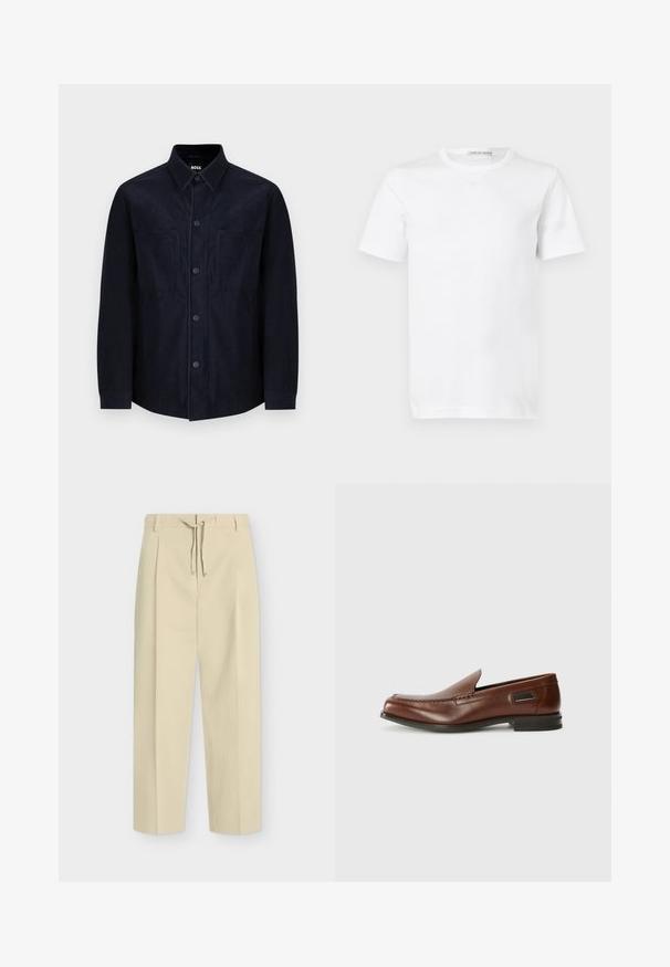 Marineblaues Hemd mit Knöpfen, aus weichem Stoff gefertigt, mit einem klassischen Kragen, zwei aufgesetzten Taschen und einer leicht taillierten Passform mit glatter Textur.; Schlichtes weißes T-Shirt mit kurzen Ärmeln und Rundhalsausschnitt, mit einem "Tiger of Sweden"-Etikett im Kragen, präsentiert vor weißem Hintergrund.; Beige gerade Hose mit Gürtelschlaufen und vorderer Bindung, mit einem klaren, maßgeschneiderten Design und strukturiertem Stoff.; Stuart Weitzman BURT - Slipper - auburn
