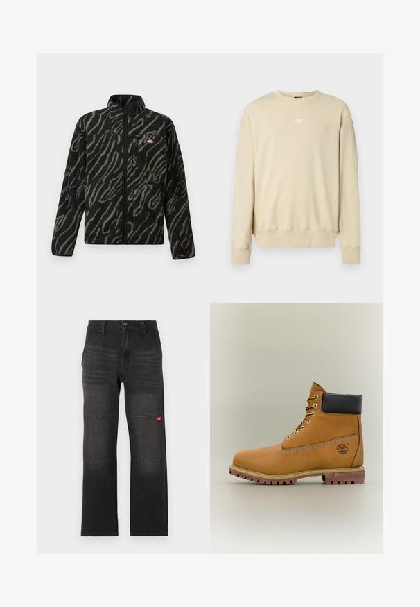 Schwarze Fleecejacke mit grünem abstraktem Muster, durchgehender Reißverschluss, hoher Kragen und Reißverschlusstasche vorne. Weicher Stoff und reguläre Passform.; Beige Sweatshirt mit langen Ärmeln, gerippten Bündchen und rundem Ausschnitt. Mit kleinem weißem Logo auf der Brust. Weiche Textur.; Schwarze Denim-Arbeitshose mit doppelten Kniepaneelen und einem kleinen roten Logopatch am rechten Bein, gerader Schnitt und Bund mit Knopfverschluss.; Brauner Leder-Stiefelette mit schwarzem Kragen, gelben Schnürsenkeln und hellbrauner Sohle. Verfügt über ein Logo und weiße Ziernähe. Robuste Profilsohle.