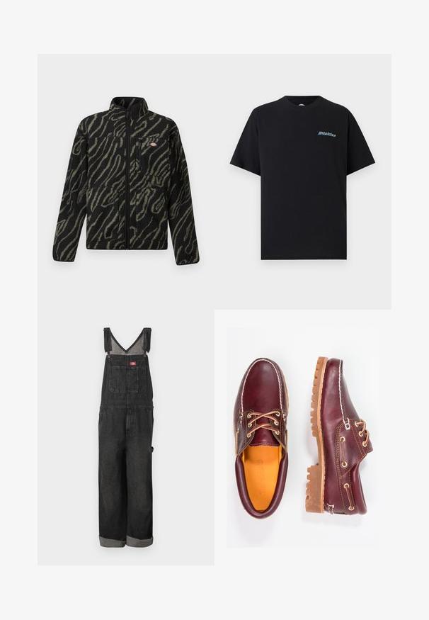 Zwarte fleecejack met groen abstract patroon, volle rits, hoge kraag en een voorzak met rits. Zachte textuur en regular fit ontwerp.; Zwart T-shirt met korte mouwen en ronde hals, met een klein, kleurrijk "Dickies"-logo op de linkerborst tegen een effen achtergrond.; Zwarte spijkeroveralls met een borstzak aan de voorkant, verstelbare schouderbanden en omgeslagen wijde pijpen.; Bordeaux leren schoenen met bruine rubberen zolen, ronde neus, witte stiksels en gouden veterogen. Het interieur heeft een gele voering.