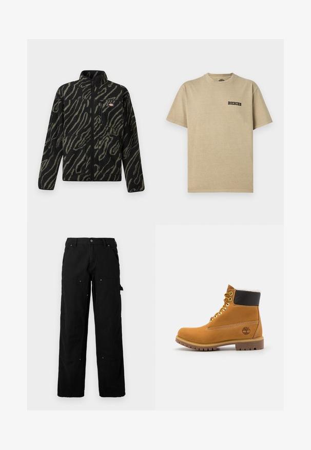 Sort fleecejakke med grønt abstrakt mønster, fuld lynlås, høj krave og frontlomme med lynlås. Blød tekstur og design med normal pasform.; Beige bomulds t-shirt med rund halsudskæring og korte ærmer. Har en sort "DICKIES" logo på venstre bryst. Glat tekstur.; Sorte cargo bukser lavet af slidstærkt stof med flere lommer, en afslappet pasform, synlige sømme og trykknapdetaljer.; Brune læder ankelstøvle med metaløjer, hvid pelsforing, sort polstret krave, robust sål og præget logo på siden.