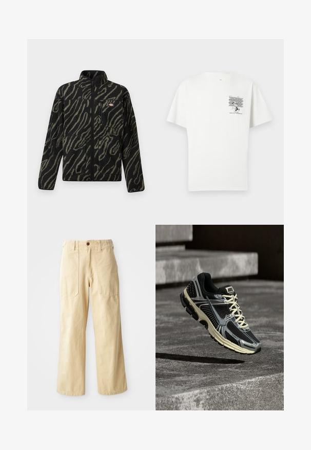 Schwarze Fleecejacke mit grünem abstraktem Muster, durchgehender Reißverschluss, hoher Kragen und Reißverschlusstasche vorne. Weicher Stoff und reguläre Passform.; Weißes T-Shirt mit kurzen Ärmeln, kleinem schwarzem "Dickies"-Logo und einem Cartoon-Charakter, der Werkzeuge auf der oberen linken Brust hält.; Beige Weitbein-Hosen aus Baumwolle. Sie haben eine hohe Taille, zwei vordere Taschen mit flachem Design und einen einzelnen Knopfverschluss.; Schwarz-grauer Nike-Laufschuh mit cremefarbenen Schnürsenkeln, der über einer strukturierten Betonoberfläche schwebt.