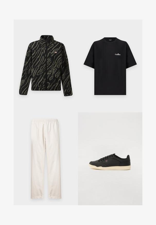 Schwarze Fleecejacke mit grünem abstraktem Muster, durchgehender Reißverschluss, hoher Kragen und Reißverschlusstasche vorne. Weicher Stoff und reguläre Passform.; Schwarzes, übergroßes T-Shirt mit kurzen Ärmeln und weißem Carhartt-Logo auf der linken Brust, Rundhalsausschnitt, auf einfarbig hellem Hintergrund präsentiert.; Hellbeige Hose mit elastischem Bund, gerade geschnitten und aus glattem Baumwollstoff. Schlichter, ungeschmückter Stil.; Schwarze Leder-Sneaker mit niedrigem Schnitt und einer cremefarbenen Gummisohle, ausgestattet mit einer strukturierten Oberfläche und schwarzen Schnürsenkeln. Logo-Akzent in der Nähe der Zunge.