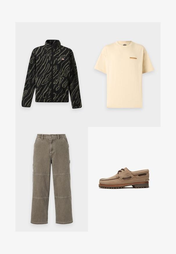 Sort fleecejakke med grønt abstrakt mønster, fuld lynlås, høj krave og frontlomme med lynlås. Blød tekstur og design med normal pasform.; Beige Dickies t-shirt med korte ærmer, lille orange og sort logo på venstre bryst, rund halsudskæring, enkel design.; Bomulds cargobukser i dæmpet olivengrøn med brede ben, dobbelt-syede detaljer og sidelommer, med knaplukning og bæltestropper.; Beige ruskind bådsko med snørebånd, robust sål, lædersnører og polstret krave, der viser Timberland-logoet på siden.