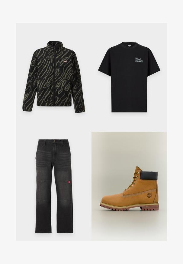 Sort fleecejakke med grønt abstrakt mønster, fuld lynlås, høj krave og frontlomme med lynlås. Blød tekstur og design med normal pasform.; Sort kortærmet T-shirt lavet af bomuld med et frontgrafisk logo "Dickies" i en kontrasterende lys farve. Standard rund hals design.; Sorte denim arbejdssbukser med dobbelte knæpaneler og et lille rødt logo på højre ben, lige snit og linning med knaplukning.; Brun læderankelstøvle med sort krave, gule snørebånd og tanfarvet sål. Har logo og hvide syninger som detalje. Robust ydersål med greb.