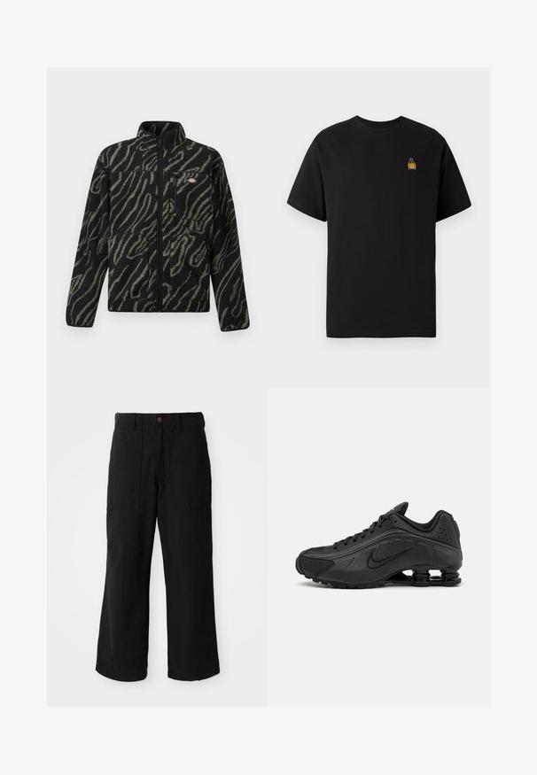Schwarze Fleecejacke mit grünem abstraktem Muster, durchgehender Reißverschluss, hoher Kragen und Reißverschlusstasche vorne. Weicher Stoff und reguläre Passform.; Schwarzes Baumwoll-T-Shirt mit kurzen Ärmeln, Rundhalsausschnitt und einem kleinen gelben bestickten Design auf der linken Brustseite.; Schwarze weit geschnittene Hose aus weichem Stoff, mit Fronttaschen und einem Knopfverschluss an der Taille. Minimalistisches Design ohne sichtbare Muster.; Schwarze Laufschuhe mit einem glatten synthetischen Obermaterial, durchbrochenen Akzenten, strukturierten Seitenpaneelen und einer ausgeprägten federnden Sohle.