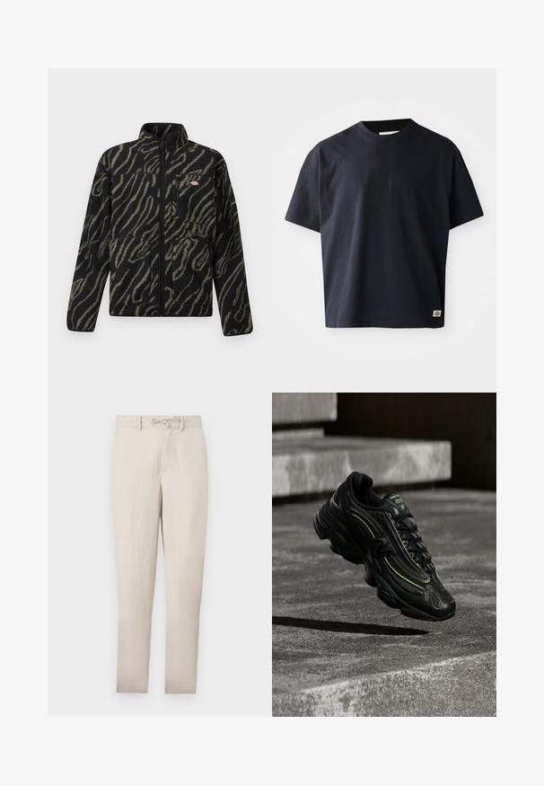Schwarze Fleecejacke mit grünem abstraktem Muster, durchgehender Reißverschluss, hoher Kragen und Reißverschlusstasche vorne. Weicher Stoff und reguläre Passform.; Navy-blaues T-Shirt mit kurzen Ärmeln und Rundhalsausschnitt, mit einem kleinen rechteckigen Markenlogo nahe dem unteren Saum auf der Vorderseite rechts.; Beige, leichte, taillierte Hose mit einem Kordelzug am Bund, flachem vorderen Teil und minimalen Falten. Verfügt über Gürtelschlaufen und seitliche Taschen.; Schwarzer New Balance Sneaker mit neongrünen Akzenten, der über grauen Betontreppen bei schwacher Beleuchtung schwebt.