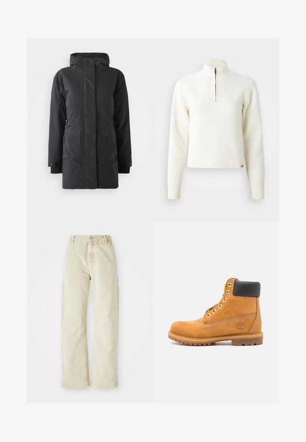 Sort vandtæt parka-jakke med lynlås foran, høj krave, to frontlommer og elastiske manchetter. Glat tekstur, varm isoleringsdesign.; Hvid, sweater med lynlås ved halsen og lange ærmer. Lavet af et blødt strikmateriale, med ribbede manchetter og kant. Diskret mærke-logo ved kanten.; Beige bredde denim bukser med høj talje, der har en frontknap og lynlås, bæltesløjfer og sidelommer. Blød tekstur.; Brune læder ankelstøvle med sort polstring, gyldne øsken og en tekstureret sål. Har et cirkulært logo på siden og synlige syninger.